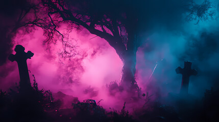 Spooky halloween decorations with eerie ghouls and foggy graveyard ambiance. Phantom Landscapes. Illustration