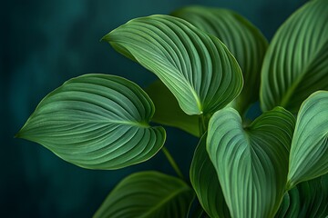 Lush green leaves with prominent veins against a dark background.