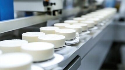 Production line showcasing uniform white containers moving through a factory setting