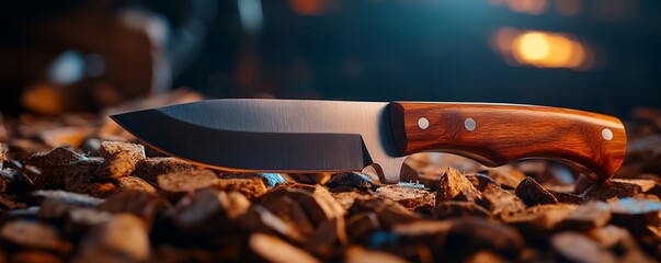 Wood handle knife on woodchips, dark background, fire. Lifestyle product shot