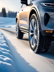 Naklejka premium Detailed image of a vehicle driving through snowy terrain, emphasizing winter tires, road safety, and enhanced performance in freezing cold environments