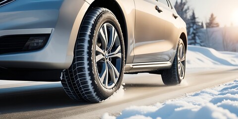 Winter driving close-up featuring a car equipped with snow tires on an icy road, highlighting safety, traction, and vehicle performance in harsh weather conditions