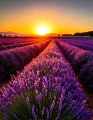 Obraz premium Lavender Field at Golden Hour – Purple tones blending with warm sunset hues with copy space