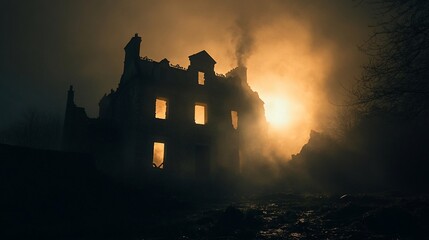 Obraz premium Silhouette of a burning old stone house at night, shrouded in fog and smoke.