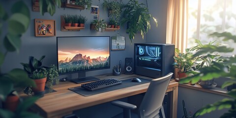 Cozy home office with plants, computer, and natural light.