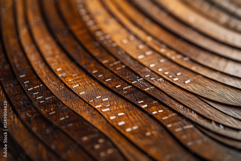 Poster close-up of curved wooden pieces with engraved dots, creating a textured pattern.