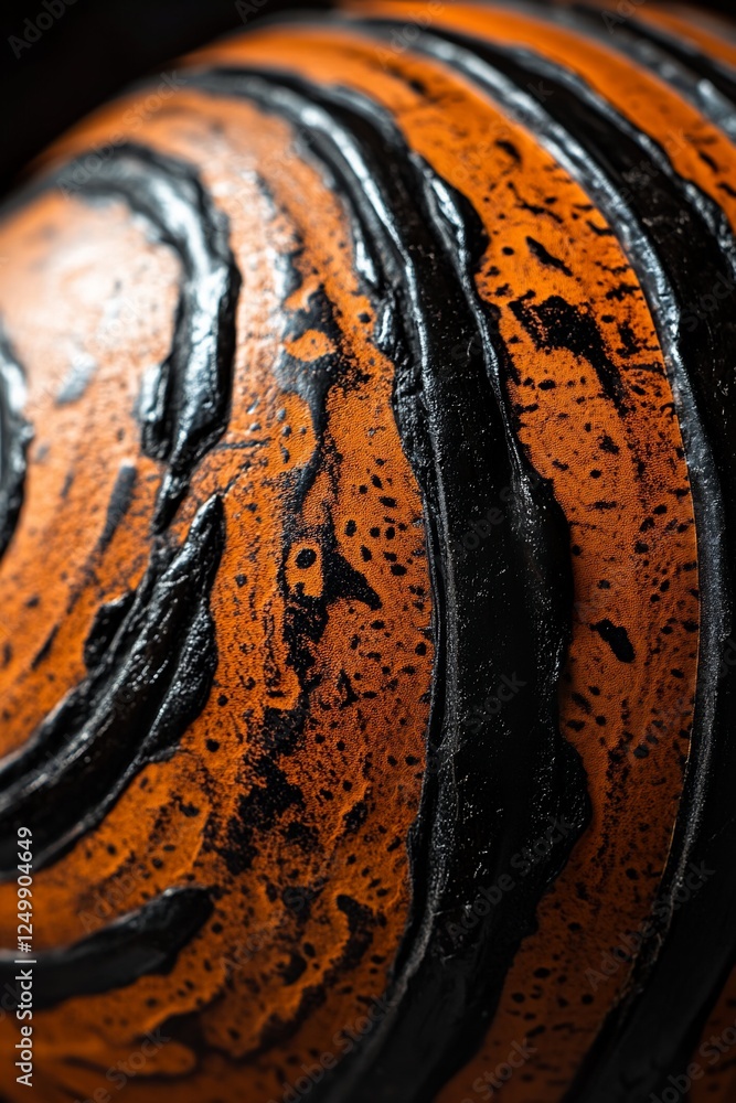 Poster close-up of a spherical object with swirling orange and black patterns, textured surface.