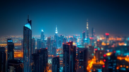 Naklejka premium Night cityscape view of modern skyscrapers glowing in the twilight.