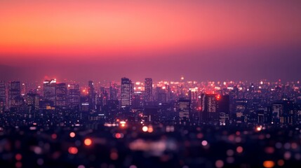 Obraz premium City skyline at sunset. Pink and purple hues paint the sky above the illuminated cityscape.