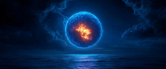 Fototapeta premium Fiery orb above ocean, night sky, dark clouds, fantasy art