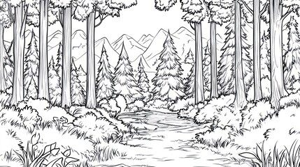Majestic mountain forest path, nature scene, coloring book page