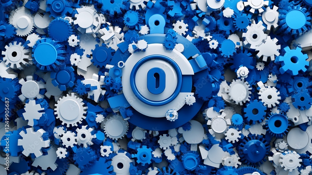 Poster abstract 3d rendering of blue and white gears surrounding a central zero.