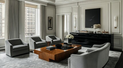 Luxurious living room interior with gray sofas, wooden coffee table, and city view.