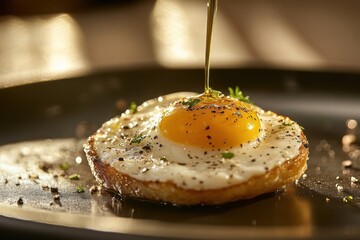 Sunny side up egg being drizzled with olive oil