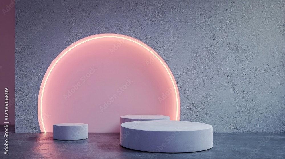 Poster Geometric forms and smooth podiums illuminated by vibrant neon light create a striking backdrop for showcasing products. Ideal for presentations and creative showcases in any artful setting