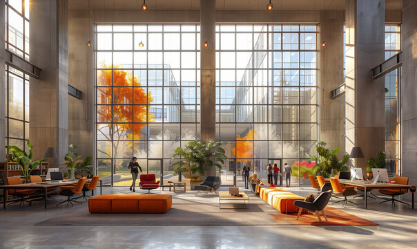 Modern open-space office with large windows and natural light, diverse group of professionals working at desks with laptops, some collaborating in small groups, others focused on individual tasks