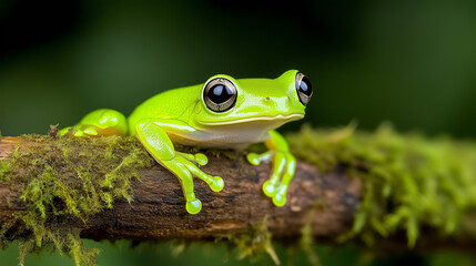 Obraz premium Bright green tree frog resting on a mossy branch in a lush tropical environment during daylight hours generated AI