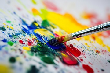 Fototapeta premium Bright colors blending on a canvas with a paintbrush