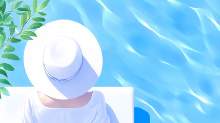 Woman relaxing by tranquil blue pool under sunlight with a wide-brimmed hat and serene surroundings generated  AI