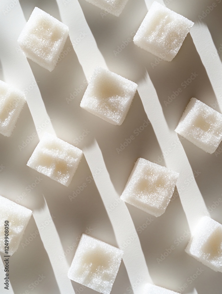 Poster close-up of sugar cubes arranged in diagonal lines on a white surface.