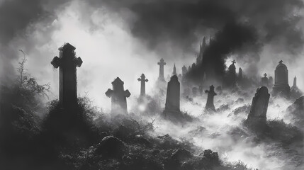 A graveyard scene with fog and ghostly apparitions. Phantom Landscapes. Illustration