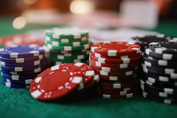 Colorful poker chips stacked on a gaming table