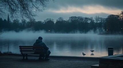 Solitary figure sits on a park bench overlooking a misty lake at dawn.