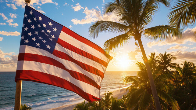 Vibrant American Flag with Palm Trees and Ocean Background - Powered by Adobe