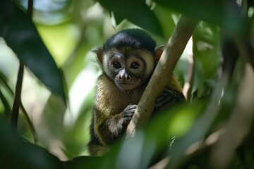 Fototapeta premium Adorable baby monkey clinging to a tree branch, peeking through lush green foliage.