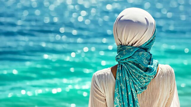 Woman in scarf gazes at turquoise ocean on sunny day with sparkling waves