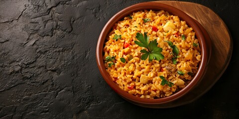 Savory rice dish with herbs and vegetables in wooden bowl