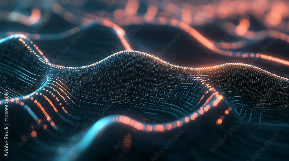 Aufkleber abstract digital wave pattern with glowing lines and dark background.