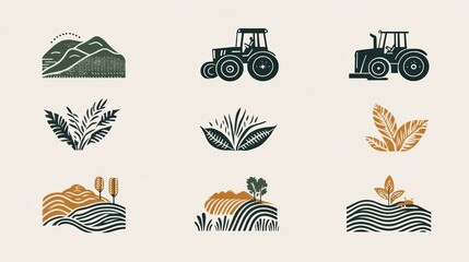 A set of agriculture-themed logos featuring a detailed tractor in motion, surrounded by lush fields and crop rows.