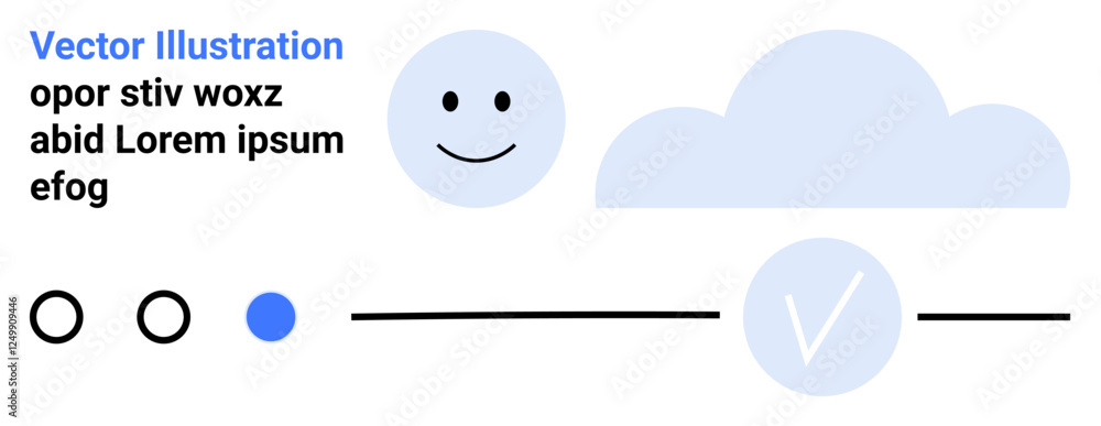 Poster smiling face, cloud, check mark, and progress circles in a minimalist design. ideal for joyful theme