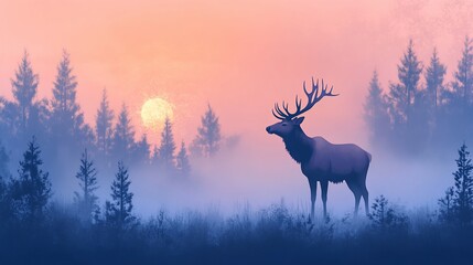 Elk in the mist at sunrise, a serene scene with soft light and fog