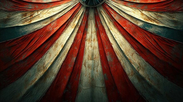 Worn circus tent top, faded red and white stripes, dramatic lighting