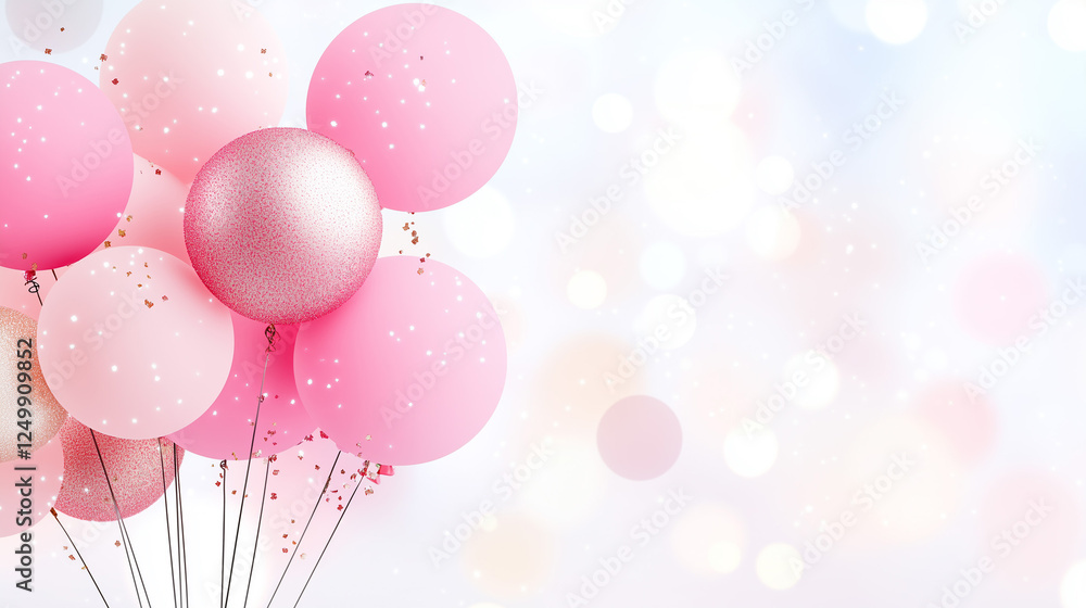 Poster colorful collection of pink balloons with sparkles and soft bokeh background set for a celebration e