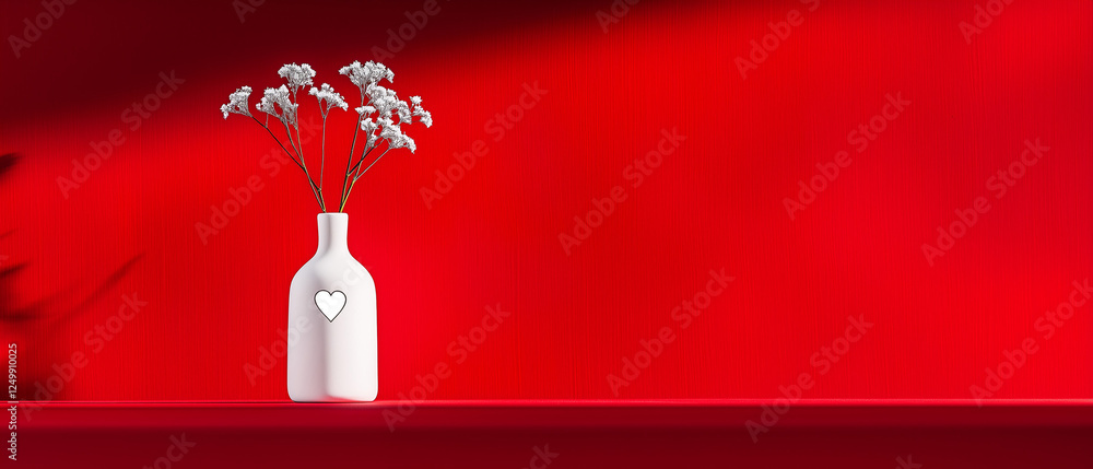 Poster bright white vase with flowers sits against a bold red background creating a striking visual contras