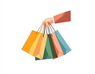 Hand holding several colorful shopping bags illustration on white background