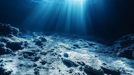 The vast, desolate plains at the bottom of the Mariana Trench evoke mystery and isolation Fine sediments cover the rocky terrain creating an eerie atmosphere A deep unknown world untouched and silent
