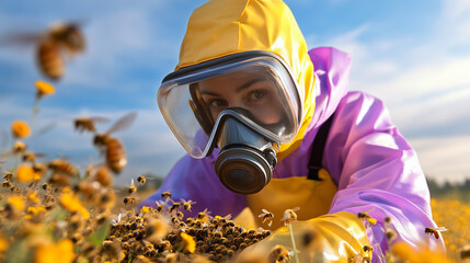 Bee keeper engages in pollination work in a vibrant flower field during sunny afternoon generated  AI