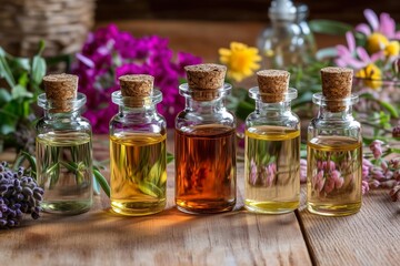 Various aromatic oils displayed on a wooden table