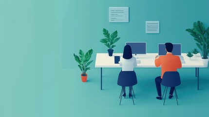 Two individuals work at a modern desk with computers, surrounded by potted plants in a serene, green-themed environment.
