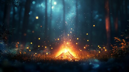 Magical campfire sparks illuminate a dark forest at night. Mystical and enchanting.