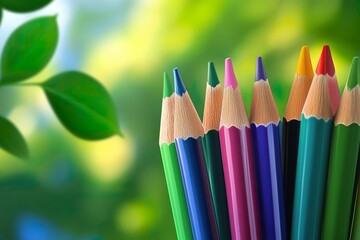 Colorful pencils arranged in harmony against nature backdrop