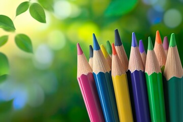 Colorful pencils arranged with a blurred nature background