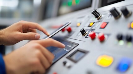Close-up of hands using smartphone to operate industrial control panel.