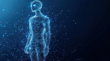 Futuristic human, digital space, glowing particles, network concept, tech illustration
