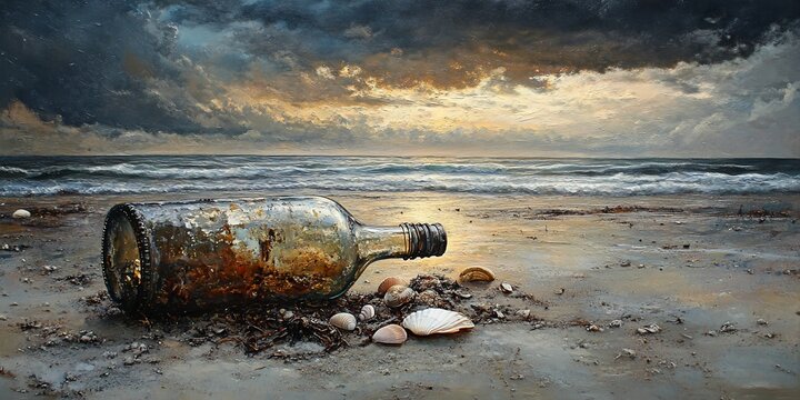 Ocean sunset, bottle beach, seashells, message