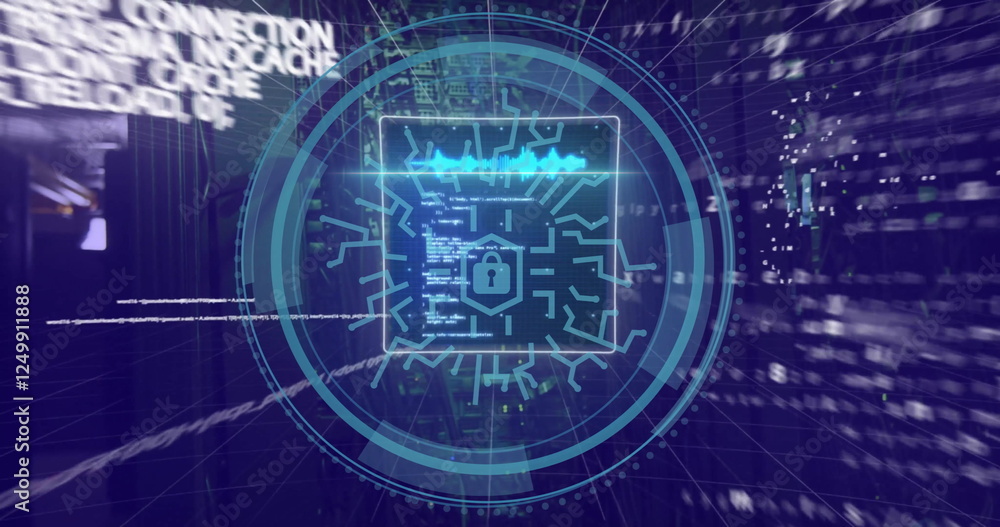 Poster image of digital security concept with futuristic lock icon and data flow visualization